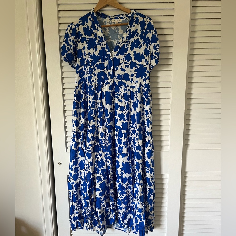 Blue & White Floral Puff Sleeve Malaga Dress with Tiered Ruffle Hem